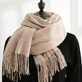 Soft apricot faux cashmere winter scarf with elegant long tassels on a model - Beige