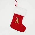Rode gebreide kerstsok met gouden glitterletter A en witte rand van imitatiebont - Letter A / Middel rood