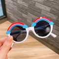 Kids round white sunglasses featuring cute rainbow and cloud decor on frame - White
