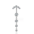 Detail of silver belly ring featuring sparkling zircons in a vertical dangle design - Style 14-Curved 5-Diamond with 4-Diamond Dangle