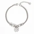 Silver stainless steel box chain bracelet with sparkling clover charm and crystal beads - Silver White Zircon Style (PAK955)