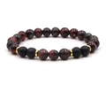 Detailed view of red tiger eye and matte black beads bracelet with golden metal spacers - Red Tiger Eye