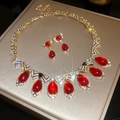 Vintage gold necklace and earring set featuring red teardrop gemstones and small crystals - 65# Set - Gold Red Resin Bow Teardrop (2pcs Set)
