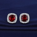 Elegant red gemstone stud earrings with white diamond halo on S925 silver base - One-carat Red Diamond Square Bag Earrings Led-74