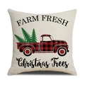 Linen Christmas pillow case featuring Farm Fresh trees and red plaid truck design - Red Black Plaid Farm Fresh Truck/22YM13-25