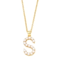Detail of gold letter S pendant adorned with white pearls on a minimalist link chain - Letter S