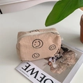 Detail of beige corduroy cosmetic bag with embroidered smiley face and zipper texture - Khaki Smiley (Large)