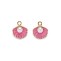 Pink enamel shell charm with gold plating and white pearl for DIY jewelry making - Pearlescent Rose Red