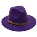 Deep purple wool fedora with wide brim featuring a brown leather band and gold buckle detail - M (56-58cm) / Dark Purple (Heart Buckle Belt)