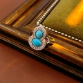 Macro-opname van zilveren kalebas ring met groene stenen en schitterende zirkonia - Ring-Zilver-Blauw