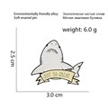 Stylish shark badge enamel pin in grey, white and yellow with Just So Great banner - Cartoon Shark-Just So Great