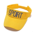 Close-up of yellow sports sun visor featuring blue SPORT embroidery and velcro strap - Yellow