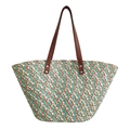 Colorful woven tote bag in blue green orange and white with brown faux leather straps - Large / Green