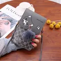 Mini crossbody phone bag in dark grey with cute cartoon animal print and fur ball pendant - Gray