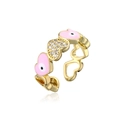 Detail eines Goldrings mit Herzform, rosa Emaille-Augen und glitzernden Zirkon-Akzenten - Einstellbar Offen / Rosa