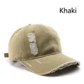 Vintage khaki washed cotton baseball cap with distressed rip details and adjustable strap - Khaki