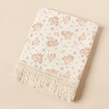 Close-up of baby floral cotton muslin blanket with sunflower print and fringe trim detail - Pink Fresh Floral (a3)