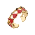 Gold open bangle with red enamel shell design and colorful gemstones on white background - Red