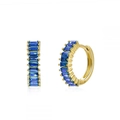 Close-up of luxury gold hoop earrings featuring rectangular blue zircon gemstones - Gold with Blue Baguette Zircon Hoop
