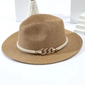 Cappello Panama in paglia marrone chiaro con cordino bianco e fibbia a catena dorata - M (56-58cm) / Cuoio