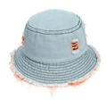 Detailed view of light blue denim bucket hat featuring orange distressed fringe and holes - One Size / Denim Orange