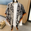 Linen cotton scarf with black and white tropical leaves and orange borders - 130*130cm / B&W Orange Leaf (MZF-082)