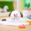 Cute white puppy resin figurine holding a blue lucky sign on a soft white plush base - Hot Sale Decoration Series / Fortune Lucky Dog