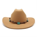 Classic camel wide-brim cowboy hat with decorative turquoise beads and woven brown band - M (56-58cm) / Camel