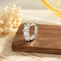 Silver 8mm hoop earring with three round cubic zirconia stones on rustic wood block - White (Single Piece)