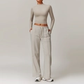 Damen Sportset in Hellgrau mit Langarmshirt und weiter Jogginghose mit Nahtdetail - M / Langarm + Lange Jogginghose / Hellbeige