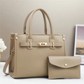 Fashionable khaki leather handbag and clutch set with gold twist lock and lychee texture - Khaki