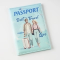 Detail of light blue faux leather passport cover with UV printed travel illustrations - Couples Blue / 14×10cm
