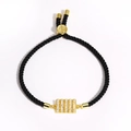 Detail of adjustable black silk cord bracelet with micro-paved cubic zirconia gold charm - Square Diamond Row Decoration (Style 20)