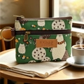 Forest green cartoon owl and polar bear waterproof small canvas coin purse with two zippers - Forest Bear - Bamboo Green