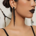 Luxurious black long tassel earrings with sparkling rhinestones in a sleek fringe style - Black Luxury Pave Long Tassel Earrings DTE1816299GU-BK