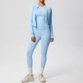 Détails de l'ensemble de yoga 3 pièces bleu clair avec veste zippée et legging de sport - Bleu Ciel