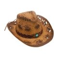 Western brown straw cowboy hat with turquoise stone detail and breathable hollow design - Coffee