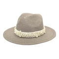 Close-up of woven straw fedora hat featuring elegant white pearl beaded ribbon trim - M (56-58cm) / Light Gray