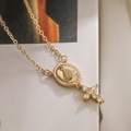 18K gold plated necklace with Virgin Mary medal and zircon cross pendant charm - Virgin Mary Oval Medal Cross (24649) / Gold