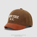 Detail of New York embroidery on kids' brown wool and orange corduroy baseball cap - 50cm / NEWYORK-Caramel