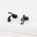 Asymmetric black stainless steel earrings featuring music notes and G-clef symbols - 442 Black (Music Note)