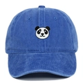 Close-up of blue washed cotton baseball cap featuring panda face embroidery and eyelets - Sapphire Blue