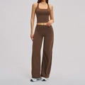 Set yoga 2 pezzi da donna con crop top e pantaloni a gamba larga color marrone scuro - S / Marrone Cioccolato