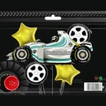 Racing balloon set with car shape, yellow stars, and checkered tire foil balloons - Green Racing Car Set 2 (5pcs)