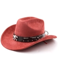 Close-up of red suede cowboy hat with black leather band featuring silver skull studs - M (56-58cm) / Brick Red