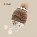 Khaki winter knit earflap hat with blue jacquard pattern and soft faux fur pompom - Pompom Strap Style / Khaki