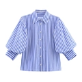 Dames popeline overhemd 2025 voorjaar met blauw-witte strepen en stijlvolle pofmouwen - XS / Blauw Gestreept