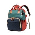Tricolor diaper backpack in green, navy, and red with padded straps and round pouch - Blue and Green