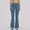High-waisted flared yoga pants in dusty blue color with wide waistband for fitness - S / Bottoms / Universe Blue