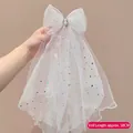 White tulle bow hair clip with star sequins and colorful gem, 50cm long veil - Star Pattern Floating Veil